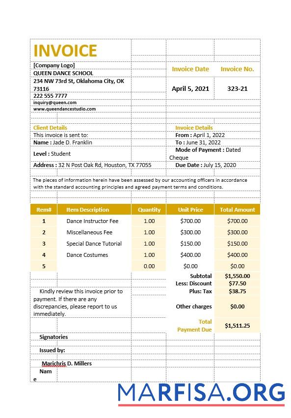 Downloadable Dance School Invoice Template